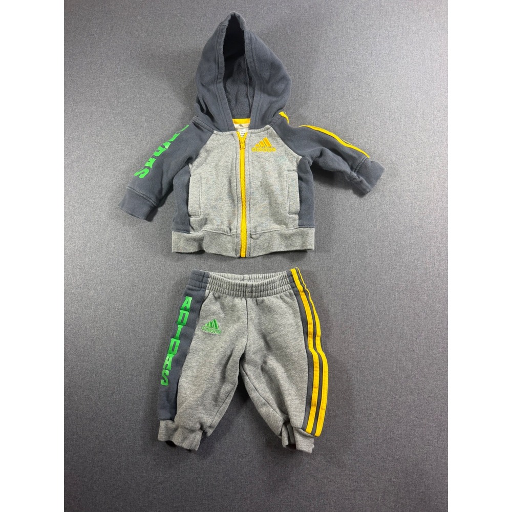 Adidas Infant Boys Gray Yellow Green Fleece Hoodie and Joggers Tracksuit Set 3M